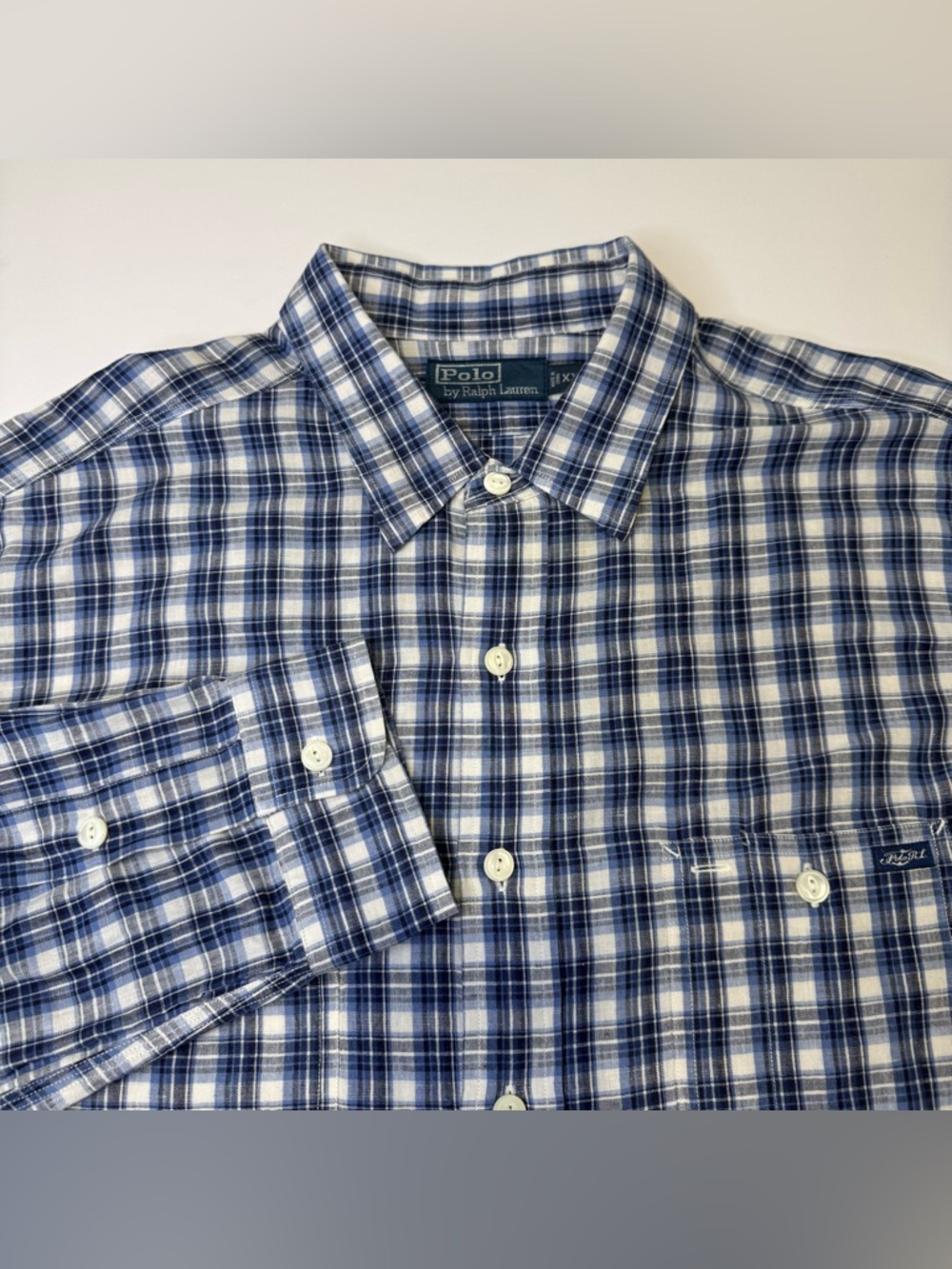 Polo Ralph Lauren Men's XXL Linen Cotton Blue Plaid Button Down Long Sleeve